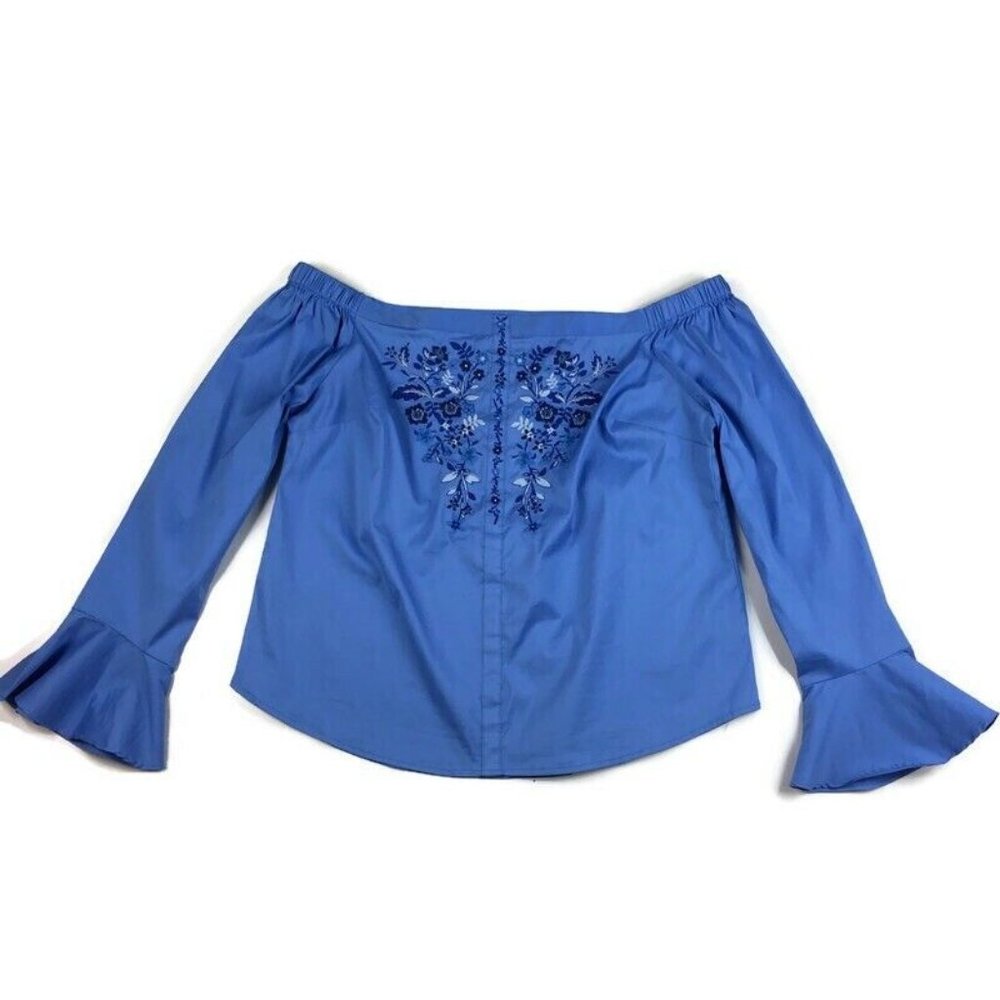 Express Boho Embroidered Blue Off The Shoulder Long Sleeve Top Womens Large